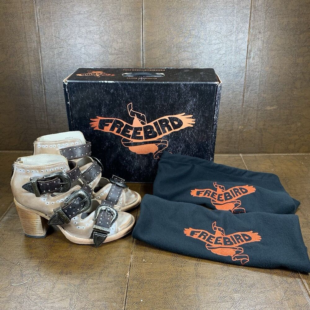Freebird By Steven Violet Taupe Brown Leather Buckle Studded Sandals Women’s 6
